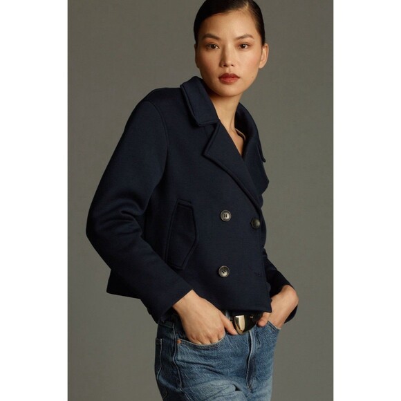 Anthropologie Maeve Peacoat Jacket Navy Women Twofer Hooded Preppy Large NWT - Picture 1 of 15